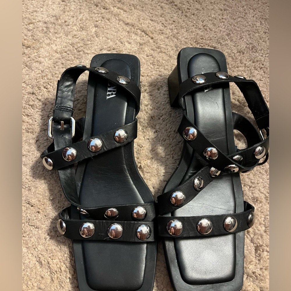 Zara, black leather sandals with studs size 39